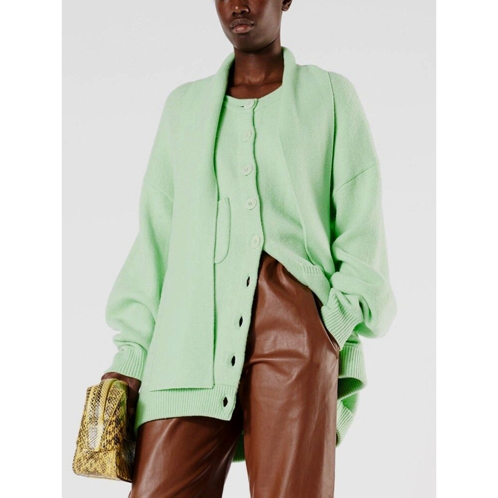 Tibi Cardigan Sweater Green Airy Tie Collar Merino Wool Blend M